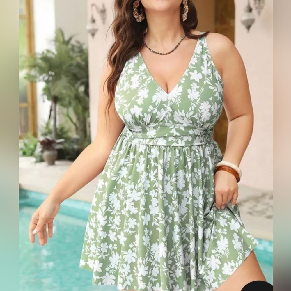 Bloomchic | White & Green Floral V-Neck Ruched Swim Dress with Bottoms